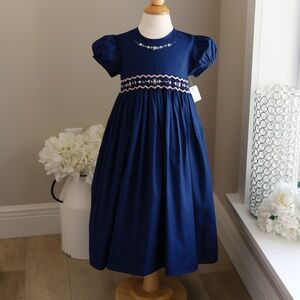 Strasburg Smocked Dress Navy Pink Accents 100% Cotton Size 3 Like New